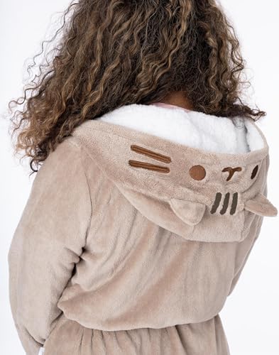 Pusheen Die Katze Morgenmantel Damen | Damen Neuheit Braune Nachtwäsche Robe | Cartoon Katze mit 3D Ohren Charakter Bademantel | Pusheen Merchandise Geschenke