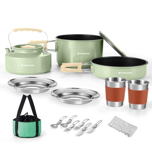 Odoland Juego de utensilios de cocina antiadherentes para camping, juego de ollas y sartenes con hervidor, kit de utensilios de acero inoxidable, tazas, platos, cuchillos, cucharas, tenedores para