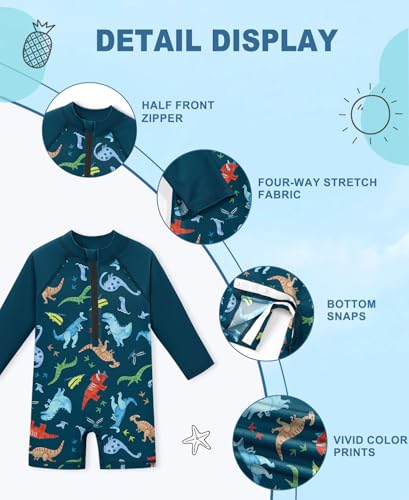 Image of BesserBay Baby Boy Swimsuit UPF 50+ Zip Front Long Sleeve Snaps Bottom One Piece Rash Guard 0-36 Months