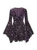 CIDER Women's Velvet V-neck Star & Moon Pattern Bell Sleeve Romper: Purple, Small