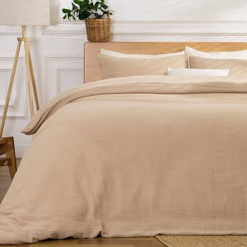 Image of RENEWROOTS 100% Sandwashed Cotton Duvet Cover King, Soft King Size Duvet Cover Set 3 Pieces with Zipper Clousre & Corner Buttons (Linen, King 104 x 90)