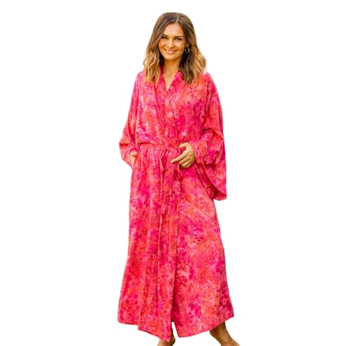 NOVICA Artisan Handmade Batik Rayon Robe in Rose Berry Pink from Bali Clothing Printed Indonesia Floral Leaf Tree ' Spa Day Batik'