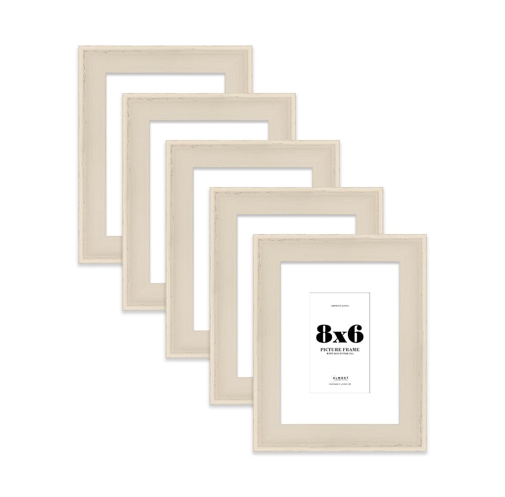 8x6" Cream Picture Frame with 5x3" Mount - Shabby Chic Photo Frame with Distressed Finish, Wall Hooks and Kickstand, 32mm Edge - 5 Pack