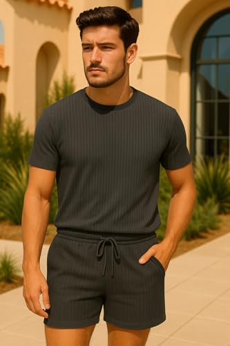 تيشرت وشورت رجالي رياضي مريح بأقمشة مرنة، مناسب للأنشطة الرياضية والبحر والاسترخاء في الأوقات الحارة - طقم صيفي رجالى وشبابي من ميزة (رمادى غامق, XXL)