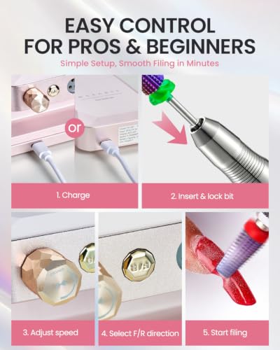 Makartt Brushless Nail Drill: 60W 35000RPM Cordless E-File, Pink VYKTOR — view 5