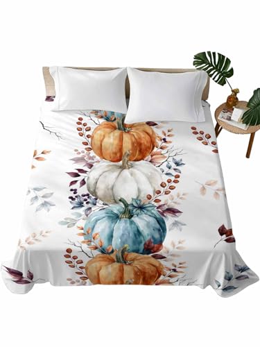 King Size Flat Sheet Only, Thanksgiving Orange Pumpkin Fall Eucalyptus Leaf Bed Top Sheet Soft Microfiber Breathable Bedding Flat Sheets, Maple Leaves Top Sheets Hotel Luxury