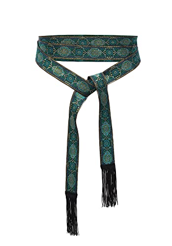 PROCOS Medieval Belt Vintage Waist Belt with Wave Trim Tassel Pirate Renaissance Double-sided Embroidery for Halloween