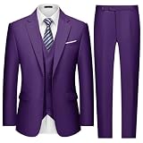 MAGE MALE Mens Two Button 3-Piece Suits Slim Fit Tuxedo Set with Blazer Jacket Vest & Pants for Wedding Prom Business Bright Purple
