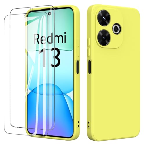 binandteam Funda para Xiaomi Redmi 13 4G con 2 Protector de Pantalla,Ultra Slim Protectora Carcasa de Silicona Líquida TPU Anti-Choque Suave Case Cover - Amarillo