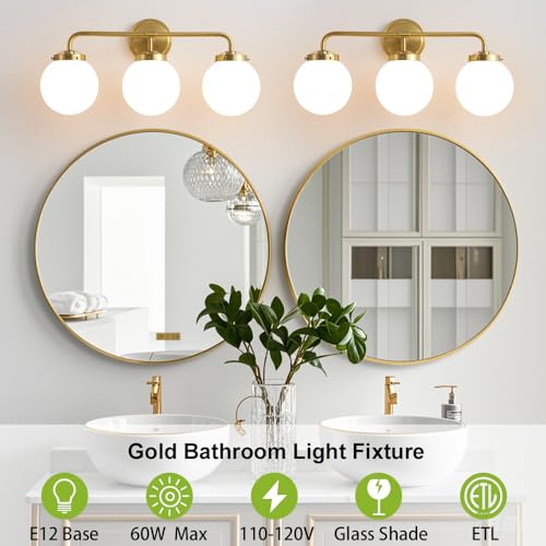Image of Bathroom Light Fixtures 22.4in 3-Light Brushed Gold Vanity Light for Mirror | Bathroom Lighting Fixtures over Mirror, ETL, Brushed Brass Wall Sconce, Dimmable E12 Base Max 60W, Milky Glass Ball Shades