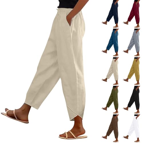 Pantalon femme taille haute élastique en lin coton vêtement grandes tailles fluide