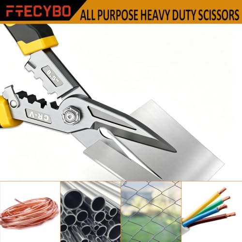Image of Heavy Duty Industrial Scissors 8.5'', Utility Sharp Aviation Tin Snips, Finely Serrated CR-V Blades with Safety Lock, for Cutting Wires, Cardboard, Plastic, Carpet,red (Yellow)