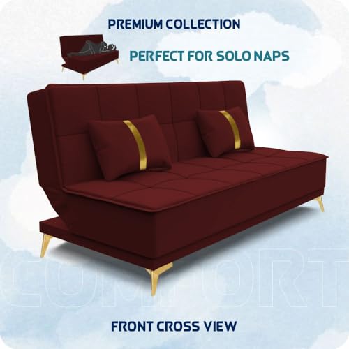 Image of Adorn India Premium New Alyssum 3 Seater Sofa Cum Bed 4X6 Velvet Suede with 2 Cushions (Color Maroon) and Suitable for All Indoor, with 3 Years Warranty