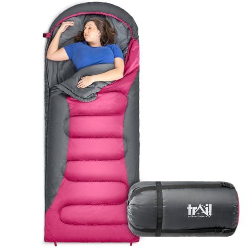Trail Alpine 400 XL Hooded Sleeping Bag (L230cm × W100cm), Large Extra-Wide 4 Season Sleeping Bag, 400gsm for Winter Camping, Lightweight & Water-Resistant, Polycotton Lined, Compression Sack (Pink) option
