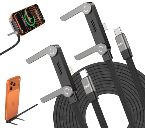 Image of 2Pack Invisible Stand Charging Cable, 240W USB-C to C & Lightning Braided Cord with 2-in-1 360 Adjustable Foldable Metal Stand, 4.9FT - Hands-Free for Gaming, Office, Travel, Works with Most Devices