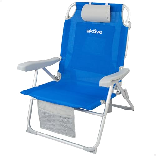 Aktive 62633 - Silla playa plegable y reclinable 5 posiciones, Silla portátil plegable 55x67,5x86cm, Incluye cojín, 1 bolsillo, 1 bolsa con cremallera y topes antivuelco, Sillas de playa