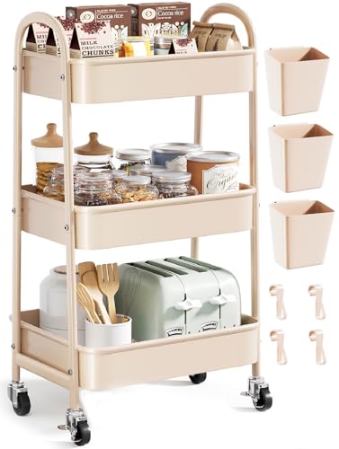 Image of Beige 3 Tier Rolling Cart Metal on Wheels, Three Tiered Storage Organizer Utility Trolley with Wheels for Art, Craft, Baby Diaper Caddy, Snack, Book, Nail, Lash, Cleaning Supplies, Kitchen, Bathroom