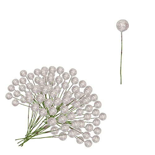 100pcs Christmas Artificial Silver Holly Berries,Glitter Berry Twig Stem Artificial Berry Fruits Picks Berry Branches Winter Berries Bunch for Christmas Wreath Making Xmas Tree Decorations Supplies