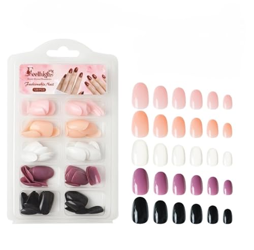 Image of 120 Pcs Press On Nail Tips - Medium Round Artificial Nail Extensions in 5 Colors, Natural Reusable Stick-On False Nails Kit for Women & Girls, 12 Sizes, Salon-Like Finish (Shade 05)