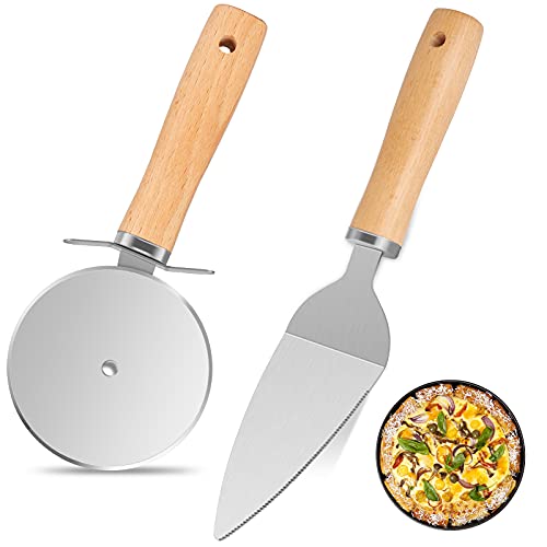 Cortador de Pizza, Rueda Cortadora de Pizza Grande y Pala de Pizza, con Hoja de Acero Inoxidable y Mango de Madera, Corta Pizza, Pastel y Pan Fácilmente, Juego de 2, Color Madera Cover
