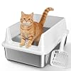 Stainless Steel Cat Litter Box, Metal Litter Box with High Sides & Lid, Open Top Low Entry Litter Pan Including Scoop, Non-Stick Easy Clean Anti-Scratch Kitty Cat Box for Indoor Cats, High Wall