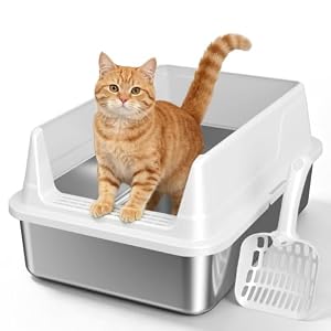 Stainless Steel Cat Litter Box, Metal Litter Box with High Sides & Lid, Open Top Low Entry Litter Pan Including Scoop, Non-Stick Easy Clean Anti-Scratch Kitty Cat Box for Indoor Cats, High Wall