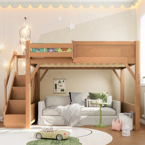 Image of KEIKI Solid Wood Full Size Loft Bed Frame with Stairs Built-in Wardrobe | Full Size Loft Bed with Storage Shelves, Full-length Guardrails, No Box Spring Needed for Bedroom, Dorm, Antique Natural