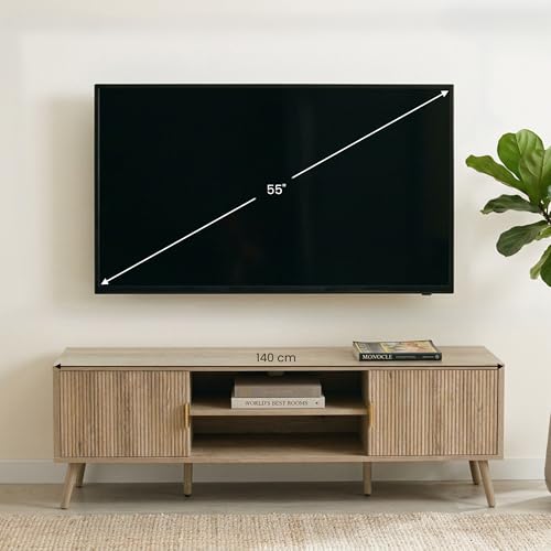 IDIMEX Meuble TV Alma L 137 cm avec 2 Portes et 2 Niches en Bois Couleur Chêne Style Cannelé, Design Moderne et Façade Rainurée, Poignées en Métal, pour Téléviseurs jusqu'à 60"