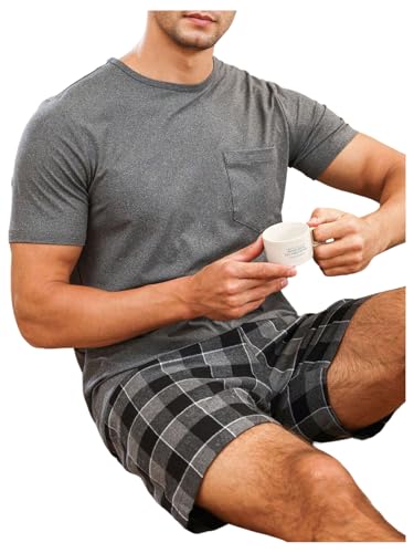 SweatyRocks Men's Plaid Print Pajamas Set Short Sleeve 2 Piece Sleepwear Lounge Sets3