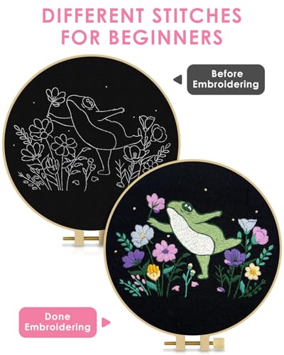 Image of TINDTOP Embroidery Kit for Beginners Adult, Frog Embroidery Kit | Include Embroidery Cloth Hoops Threads for Craft Lover Hand Stitch with Embroidery Skill Techniques