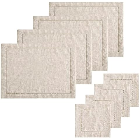 Table Cloth Placemats Linen Hemstitch - 14 x 19 Inch Set of 4 Farmhouse Fabric Mat Coasters Washable Reusable for Home Kitchen Dining Party Wedding Decor Natural Cover