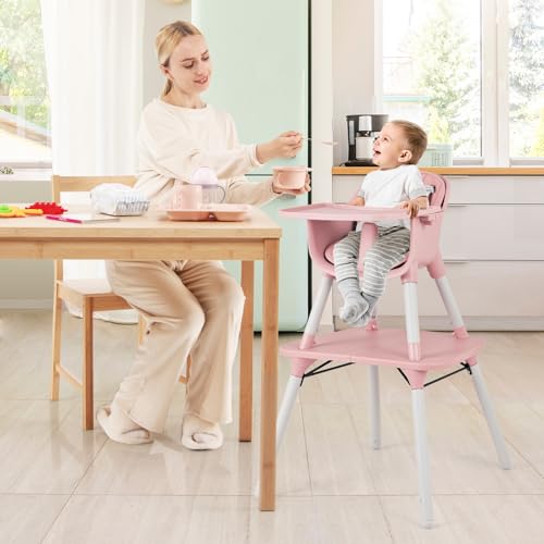 Image of HONEY JOY 5-in-1 High Chair, Convertible Highchair for Babies and Toddlers /Kids Chair Table Set /Infant Feeding Chair w /Safety Harness, PU Leather Cushion & Removable Food Tray (Pink)