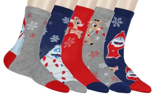 Rudolph the Red-Nosed Reindeer Women's Rudolph And Bumble Abominable Snowman Christmas Holiday Crew Socks 5 Pack