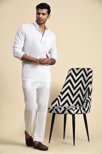 SKAVIJ Men's Cotton Solid Kurta Pajama Set Band Collar Daily Wear Casual Dress (Large, White)3