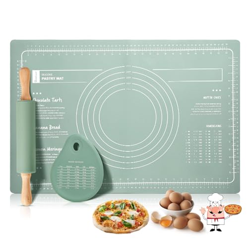 NIXRET Rolling Pin & Silicone Baking Mat Set with Dough Scraper, Silicone Rolling pin with Wooden Handle and Non-Stick Silicone Baking Mat for Making Pastry, Multipurpose Mat, Countertop Mat, Placemat