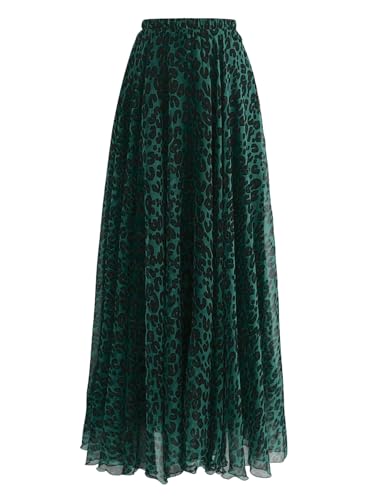 Verdusa Women's Leopard Print Skirt Y2k Goth High Waist Ruffled Pleated Flowy Long Skirts Green Large