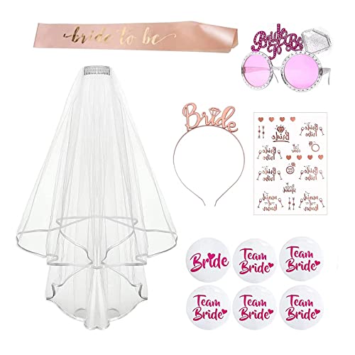 Möhippa partydekoration, 9 stycken möhippaparty-pryl för bruden – brudslöja, brudskärpa, rosa glasögon, brudpannband, team brud tatueringar och broscher
