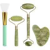 Gua Sha Gesichtsroller-Set, mit Jade-Roller und Gua-Sha-Stein und Maskenbürste, Gesichtsschönheit, Hautpflege, Massagezubehör, 4-teilig