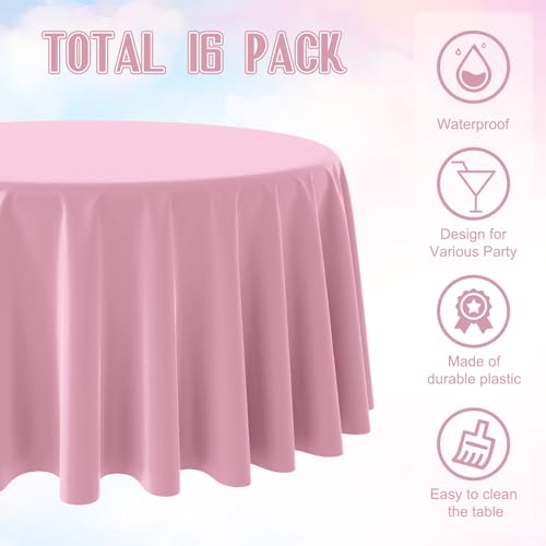 Image of 16 Pack Light Pink Plastic Tablecloth for Round Tables, Premium Decorative Pink Disposable Table Cloths for Parties, Bulk Round Party Table Cover for Birthday Wedding Anniversary Graduation, 84 Inch