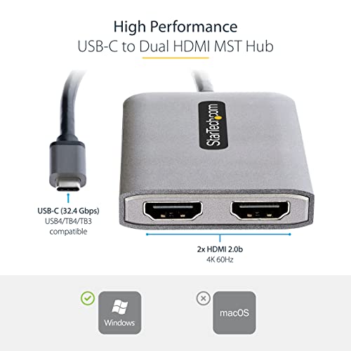 Image of StarTech USB-C Multi-Monitor MST Hub, Dual 4K 60Hz HDMI, HDR, Windows Only