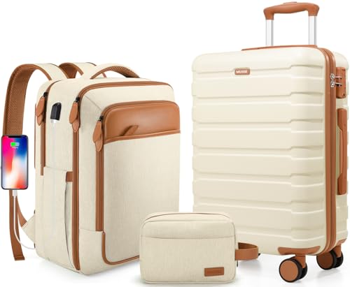 Miusse 20 Inch Hardshell Luggage Sets with Backpack,Carry On Luggage 22x14x9 Airline Approved for men & women, Business Travel and Weekend Getaways (Beige)