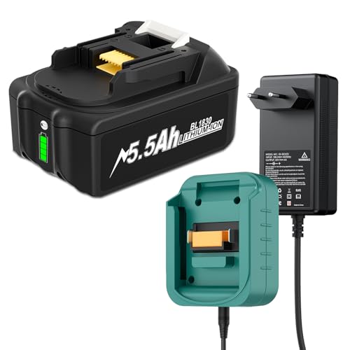 Chargeur 18 V avec batterie pour Makita BL1830B BL1840 BL1850 BL1850B BL1860 BL1860B BL1815 LXT-400, batterie de rechange 18 V 5500 mAh avec adaptateur secteur...