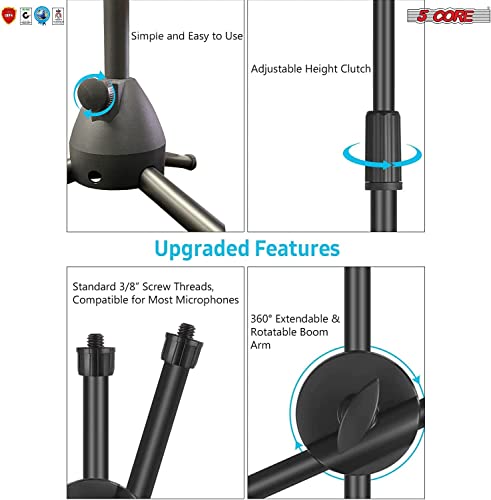 5 Core Adjustable Microphone Stand Boom Arm Mic Mount Quarter-Turn Clutch Foldable Tripod Holder 360 Rotating W/Dual Mic Holder & 3/4 Adapter Golden Mic Screw Singing Speech Stage Outdoor Ms Dbl G #TOP1