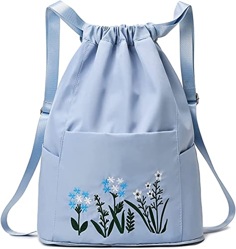 Image of (LIGHT BLUE Hitech Travel Drawstring Bag Waterproof Flower Print Fold able Embroidery Design Drawstring Backpack for Outdoor drawstring bag Foldable design (LIGHT BLUE)