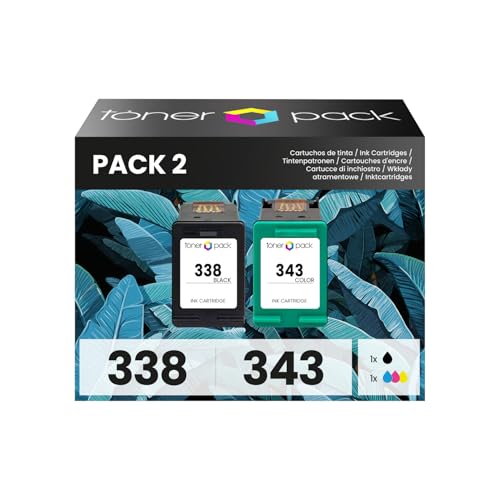 TONER PACK 338XL 343XL Cartucho de Tinta Remanufacturado para HP Deskjet 5748 5740 460 6520 OfficeJet 100 6310 470 K7100 7210 Photosmart C3180 2575 C4180 C3100 8450 2610 PSC 1510 1610 2355 (Pack 2)