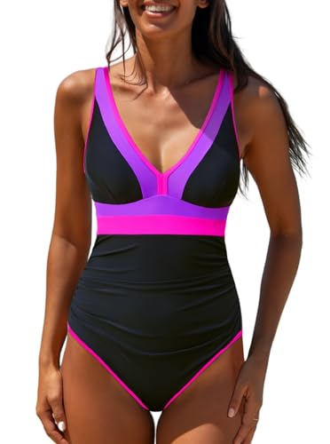 popvil One Piece Swimsuit Women 2025 Tummy Control Neon Color Block Bathing Suit Deep Vneck Tie Back Swim Suits Beach