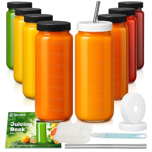 Ruckae 16oz 8 Pack Juice Bottles, Glass Bottles Juicing with Lids, Smoothie Cup Lids and Straws, Water Bottle Mason Jar Drinking Glasses for Juicing, Smoothies, Kombucha