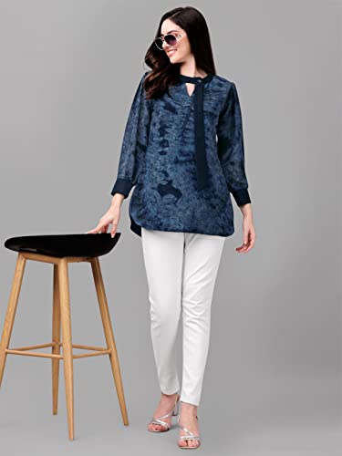 Image of Gufrina Women's Georgette Apple Cut Short Kurti with Long Puff Sleeves Western Style Keyhole Neck Solid Pattern Regular Fit and Mid Thigh Length