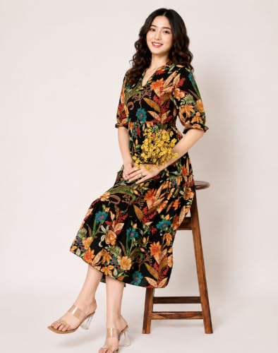 Image of LABEL ADRIJA Pure Cotton Calf Length Midi Dress for Women Floral Print | Flared Anarkali Dress Puff Sleeves