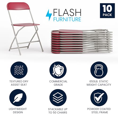 Image of Hercules Series Plastic Folding Chair Red - 10 Pack 650LB Weight Capacity Comfortable Event Chair-Lightweight Folding Chair